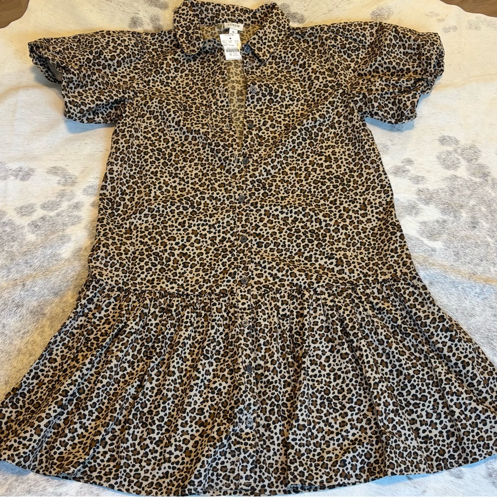 J. Crew Bubble Short-Puff Sleeve Button Up Leopard Print Mini Dress - Picture 2 of 7